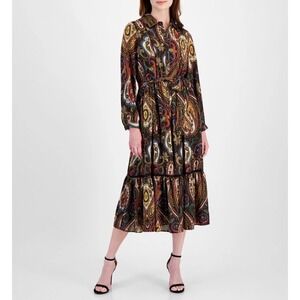 T Tahari Paisley Midi Shirt Dress Women 4 Multicolor Metallic Tiered Colorful